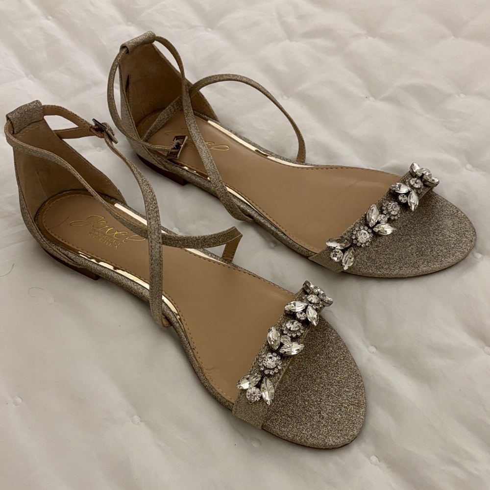 Jewel Badgley Mischka Glitter Flats with Crystal Embellishments, never worn